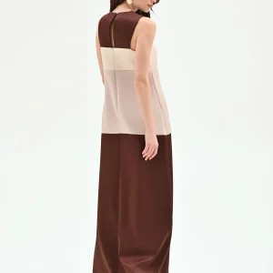 Abito lungo color block cioccolato in raso