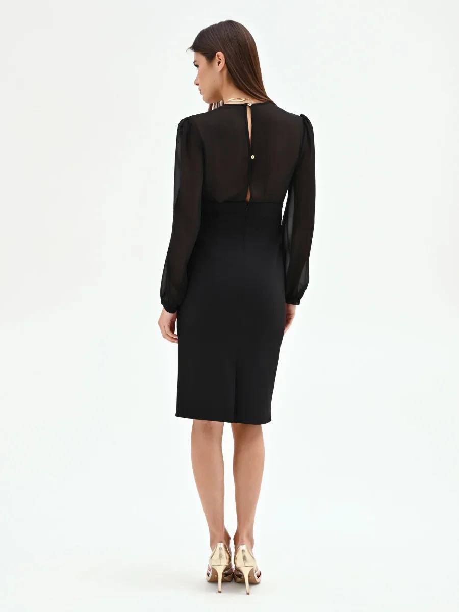 Abito tubino nero con maniche in georgette e cintura – Image 3