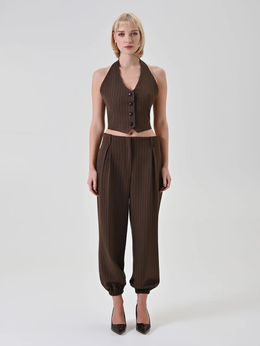 Gilet Gessato Scollo Americana Cioccolato – Image 3