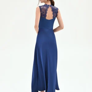 Abito lungo blu brillante con dettagli in pizzo
