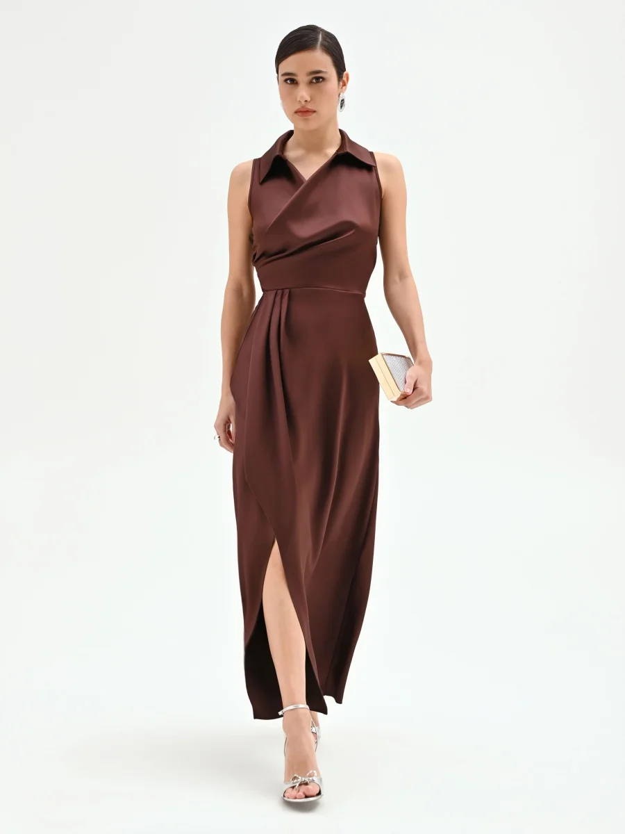 Abito longuette cioccolato con drappeggio – Image 6