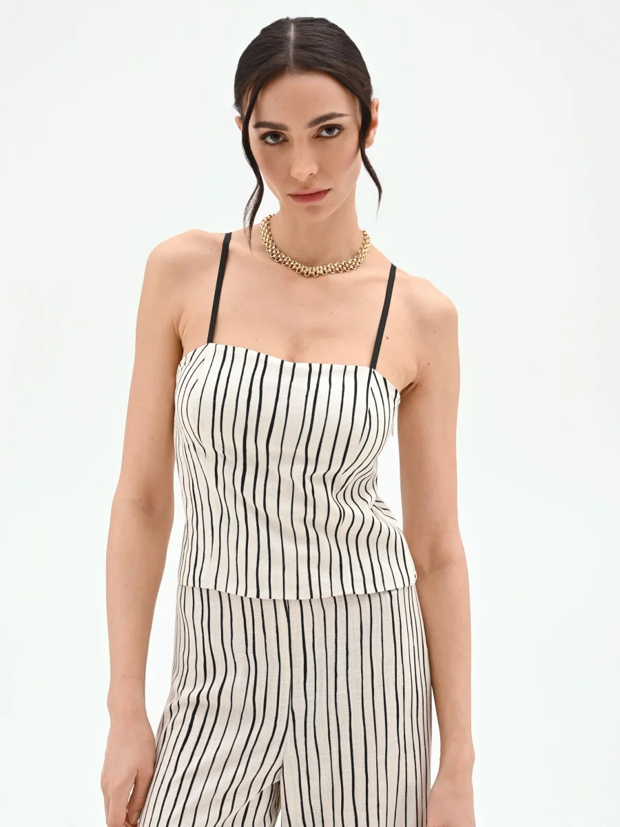 Top in lino panna con fantasia a righe – Image 5