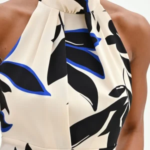 Abito fluido stampato blu cina con scollo all'americana