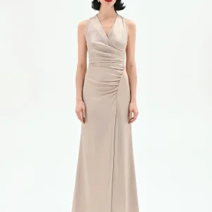 Abito lungo oro con effetto drappeggiato