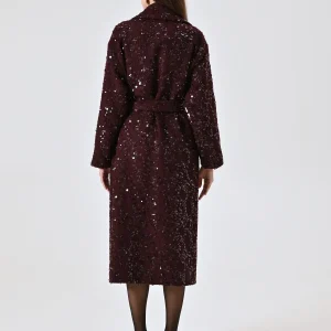 Maxi Cappotto Bordeaux in Panno Bouclé e Paillettes