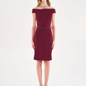 Abito tubino bordeaux in punto milano con scollo design