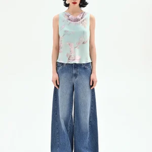 Top verde menta con stampa floreale jacquard