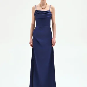 Abito atelier lungo blu indaco con corpetto drappeggiato