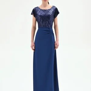 Abito lungo blu brillante con corpino di paillettes