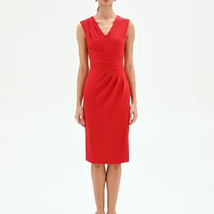 Abito tubino rosso con drappeggio asimmetrico
