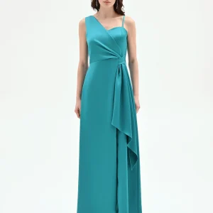 Abito lungo atelier verde smeraldo con drappeggio laterale