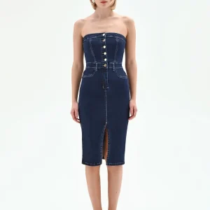 Abito a tubino in denim blu navy con bottoni dorati