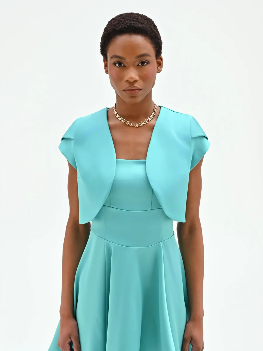 Coprispalla bolero turchese azzurro con maniche a cappuccio – Image 3