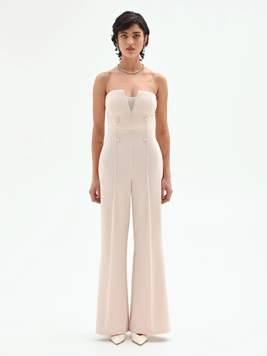 Tuta palazzo beige chiaro con bottoni e bustier – Image 3