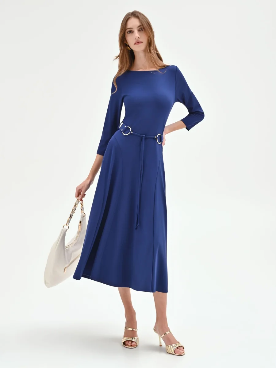 Abito blu brillante svasato con cintura – Image 7