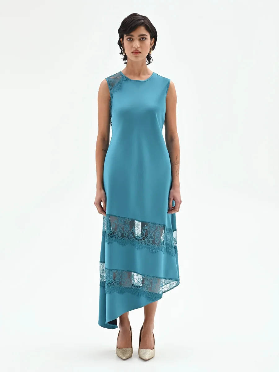 Abito longuette blu ottanio con inserti in pizzo – Image 4