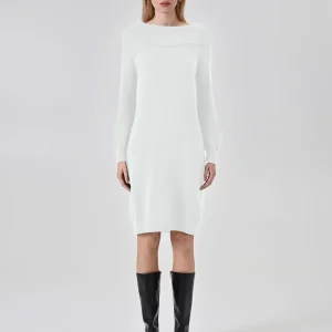 Abito Bianco in Maglia con scollo Ribaltato