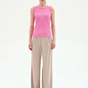 Top rosa in maglia a costine con inserto a righe