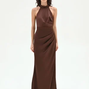 Abito lungo cioccolato in raso drappeggiato