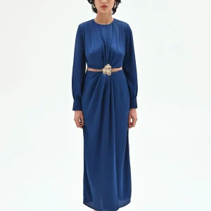 Abito lungo blu brillante con cut-out e applicazione gioiello