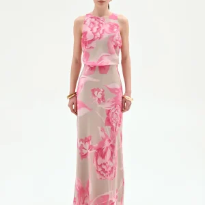 Abito lungo rosa con stampa floreale