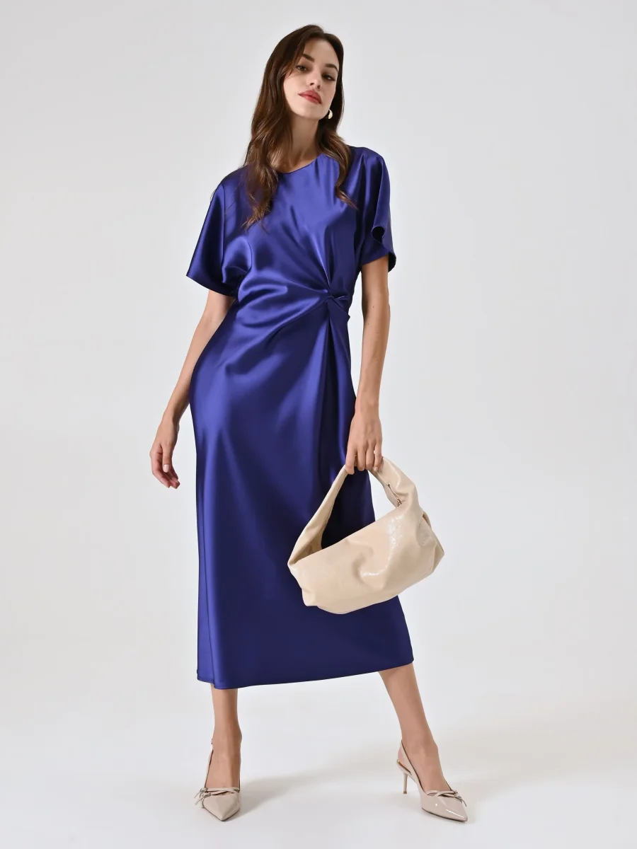 Abito Viola Mirtillo in Raso con Nodo – Image 7