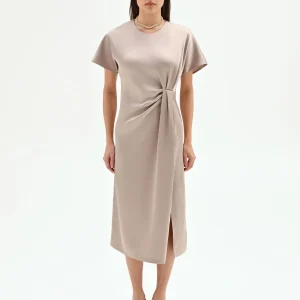 Abito in raso tortora beige con nodo laterale