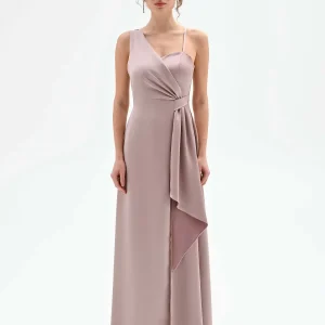 Abito lungo atelier rosa blush con drappeggio