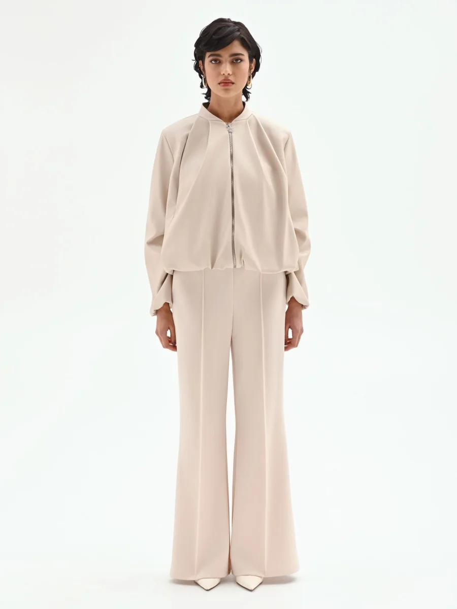 Bomber in similpelle tortora beige con maniche a palloncino – Image 2