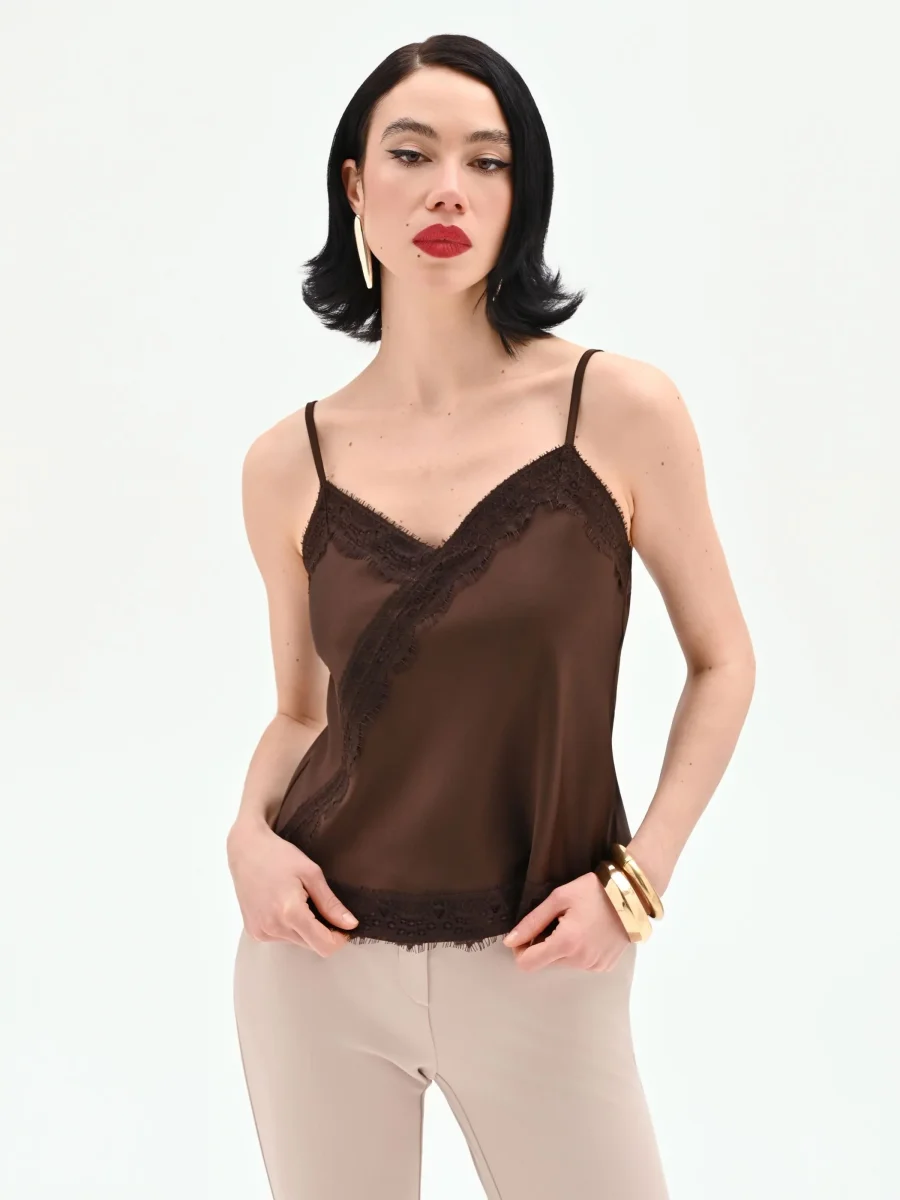 Top color cioccolato in raso e pizzo – Image 6