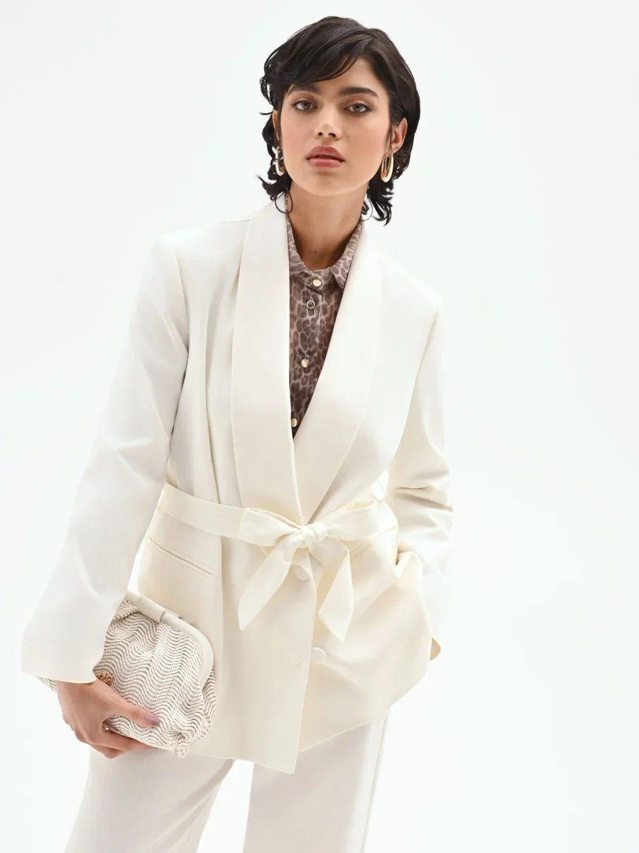 Giacca blazer doppiopetto in misto cotone lyocell bianco – Image 9