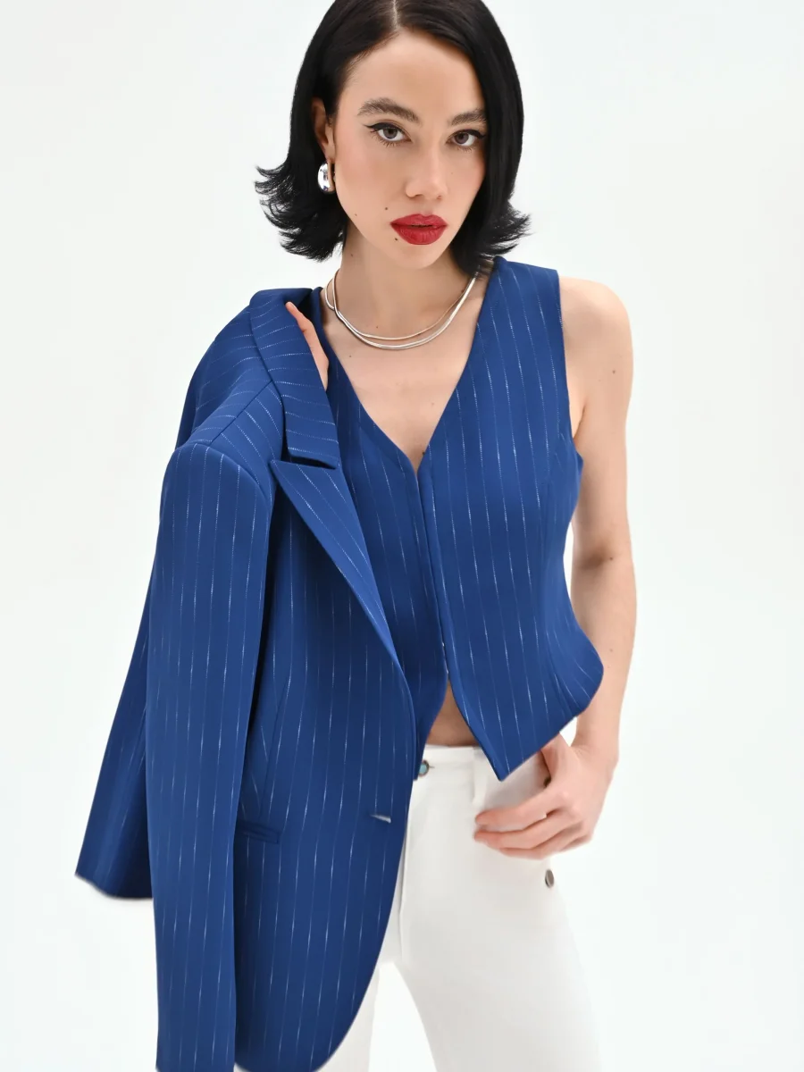 Gilet blu brillante effetto gessato – Image 8