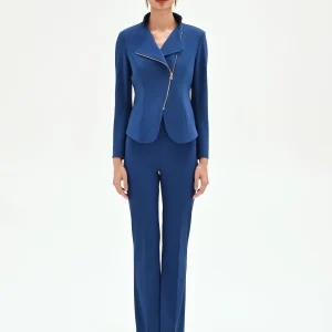 Giacca blu brillante con zip asimmetrica