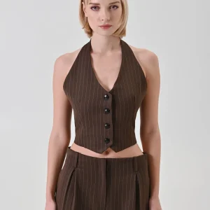 Gilet Gessato Scollo Americana Cioccolato