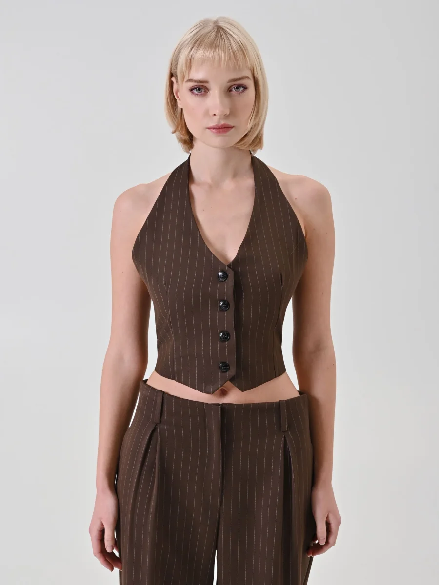 Gilet Gessato Scollo Americana Cioccolato – Image 2