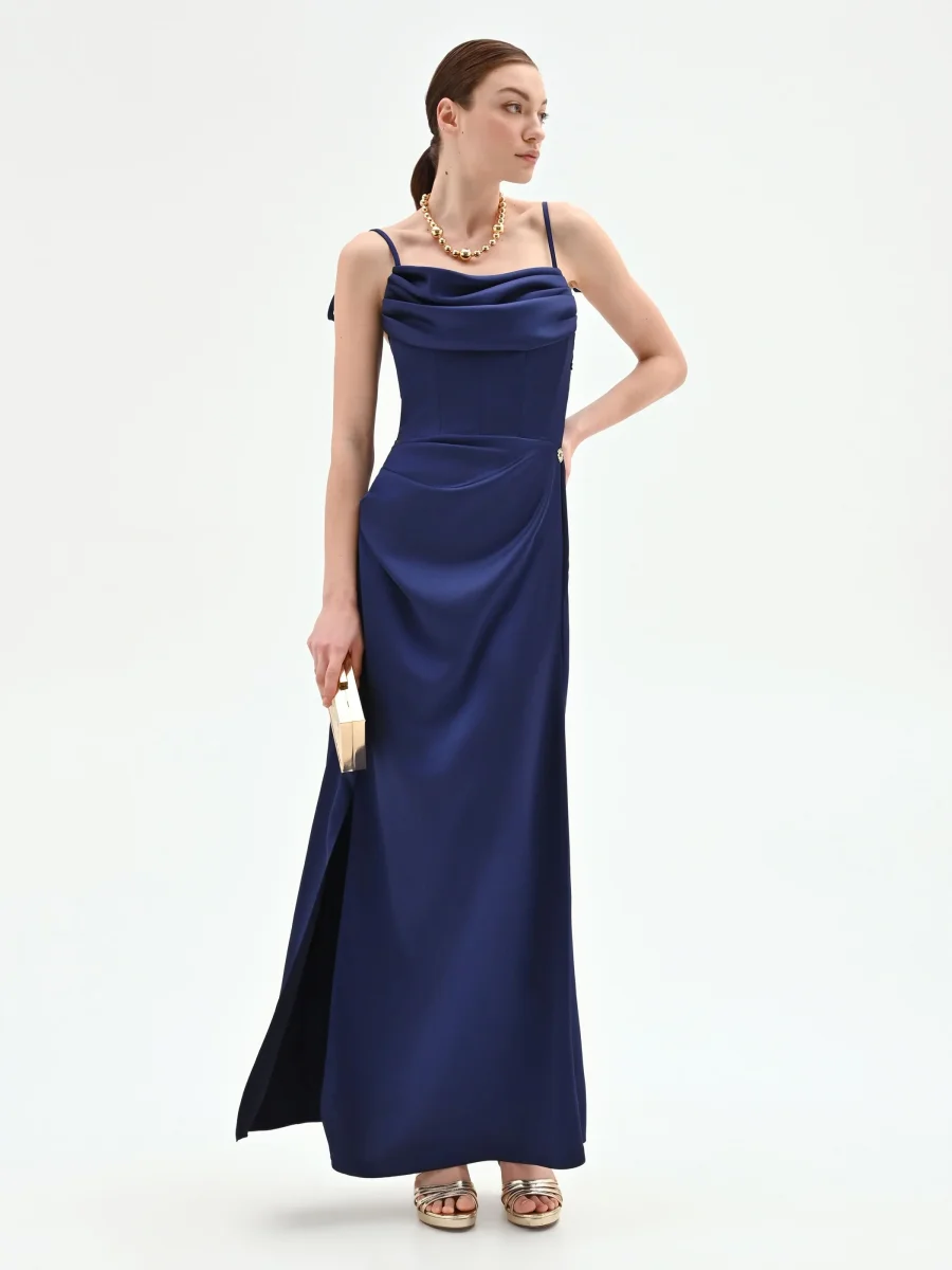 Abito atelier lungo blu indaco con corpetto drappeggiato – Image 7