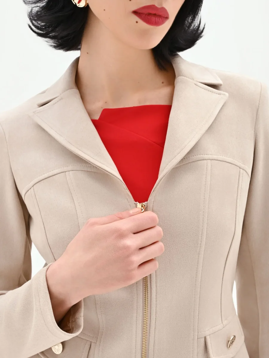 Giacca avvitata color tortora beige effetto camoscio – Image 5