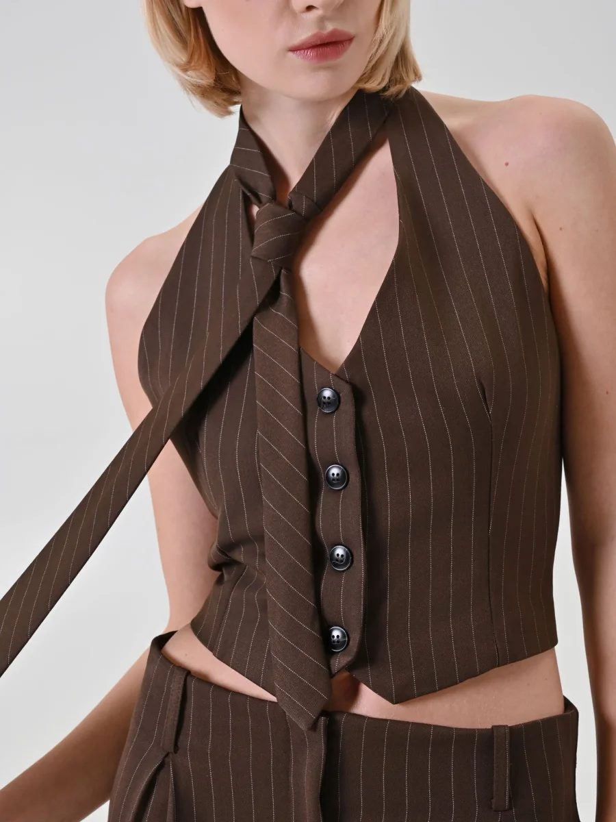 Gilet Gessato Scollo Americana Cioccolato – Image 5