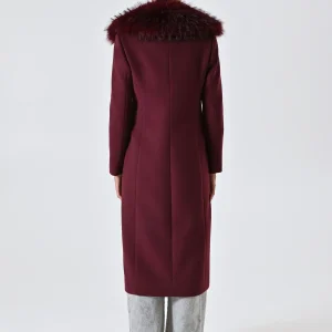 Maxi Cappotto Bordeaux con Collo in Pelliccia