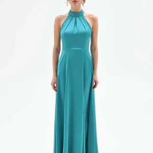 Abito lungo atelier verde smeraldo in raso con scollo all'americana