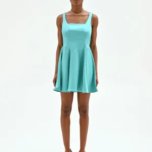 Abito corto turchese azzurro con scollo quadrato