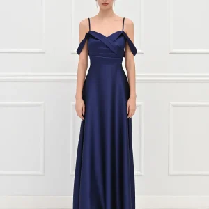 Abito lungo blu in raso con scollo drappeggiato