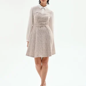 Abito corto combinato in tweed beige chiaro