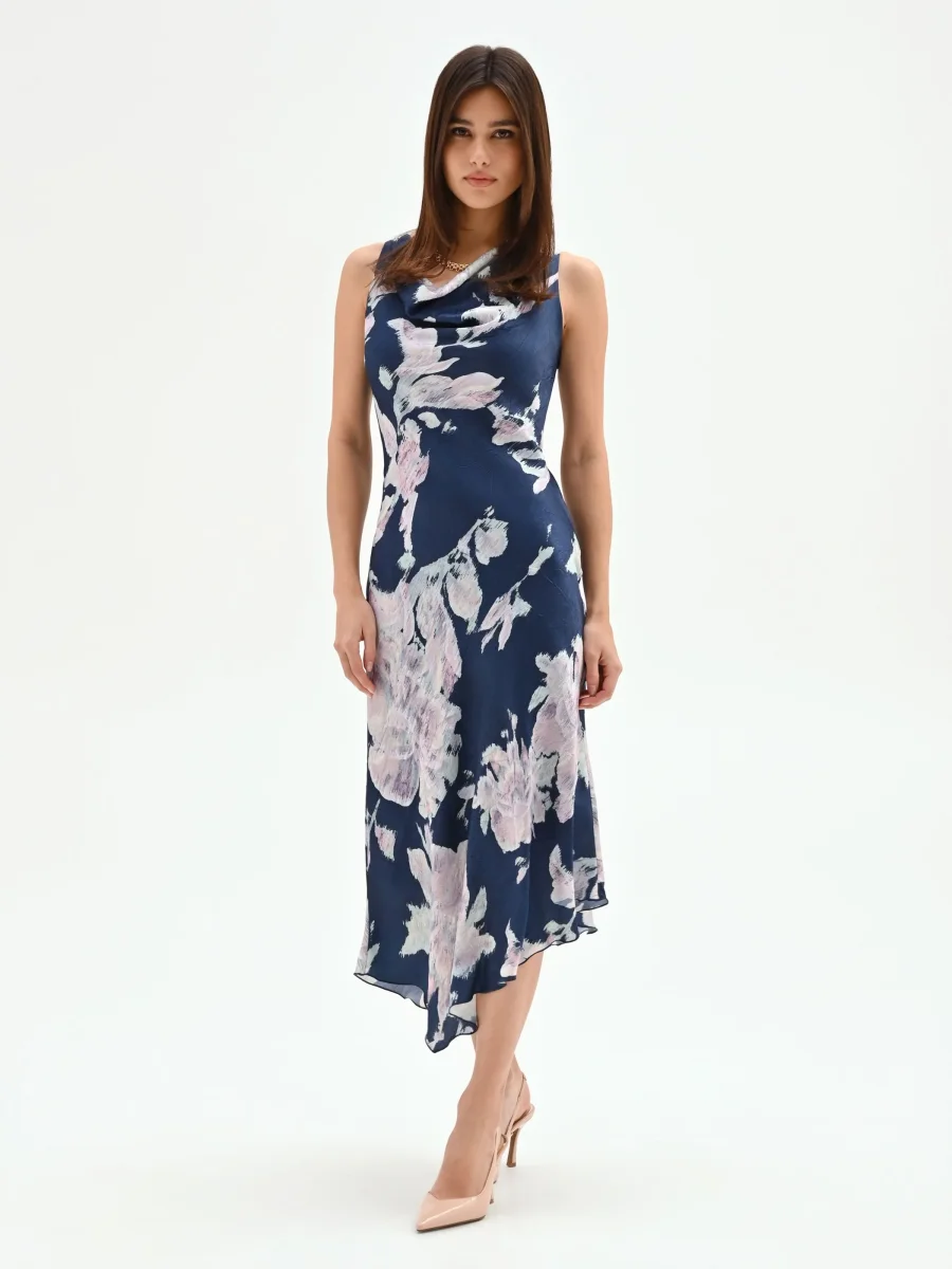 Abito longuette blu brillante con stampa floreale – Image 5