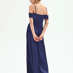 Abito lungo atelier blu indaco con drappeggio laterale