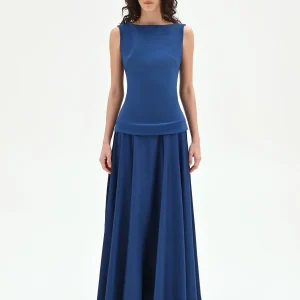 Abito lungo blu brillante effetto due pezzi