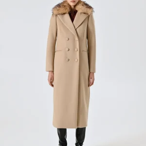 Maxi Cappotto Cammello con Collo in Pelliccia