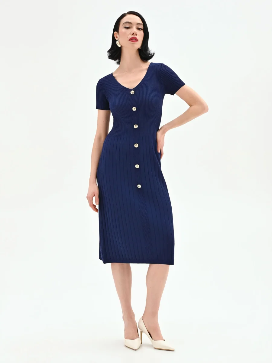 Abito longuette blu in maglia a costine con bottoni – Image 3
