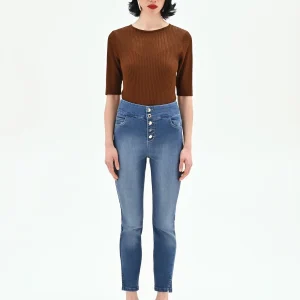 Jeans azzurri a vita alta con banda laterale