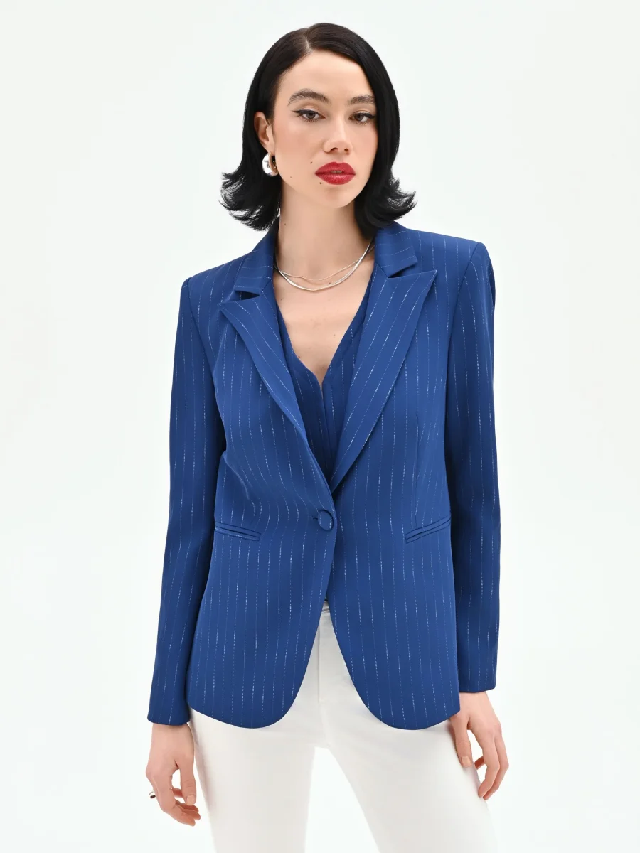 Giacca blazer blu brillante effetto gessato – Image 2